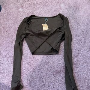 SHEIN Brown Long Sleeve Wrap Crop Top